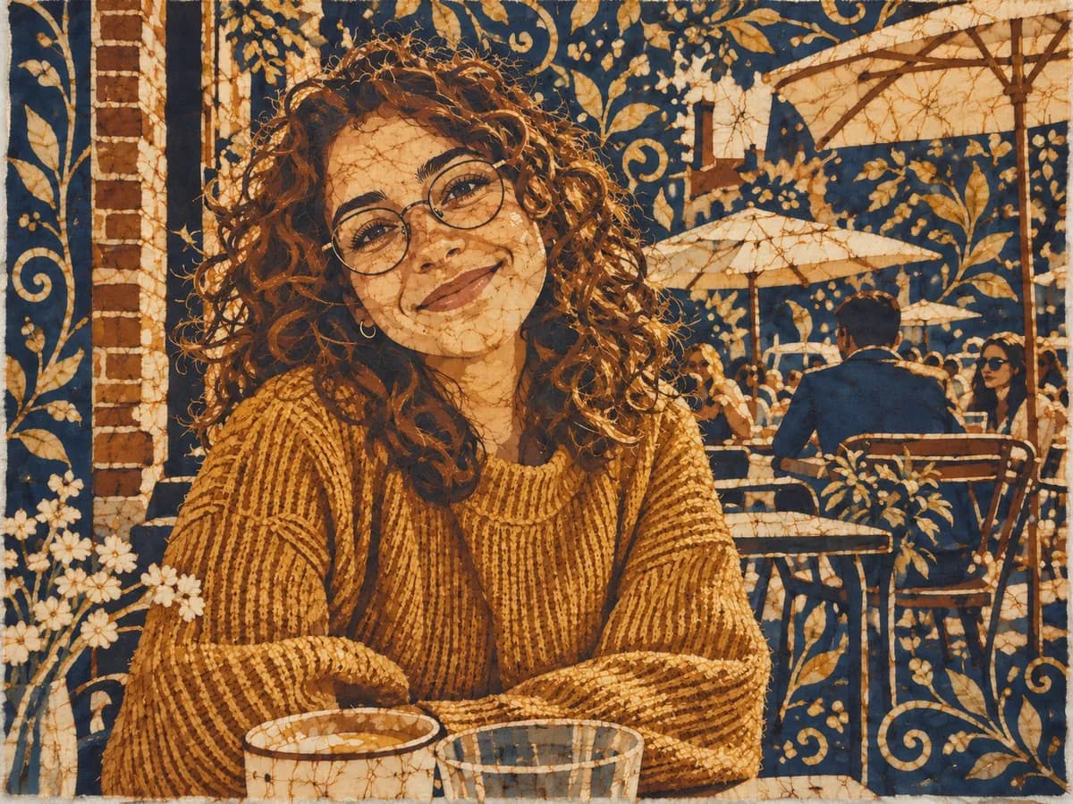 After: Woman at a cafe turned into Batik Fabric style