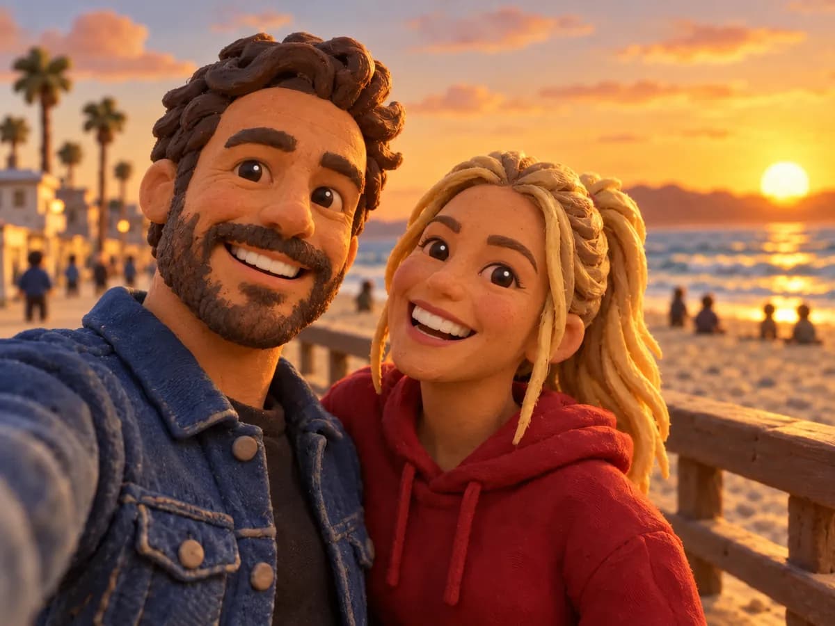 After: Couple laughing on a beach boardwalk in Claymation / Stop-Motion style