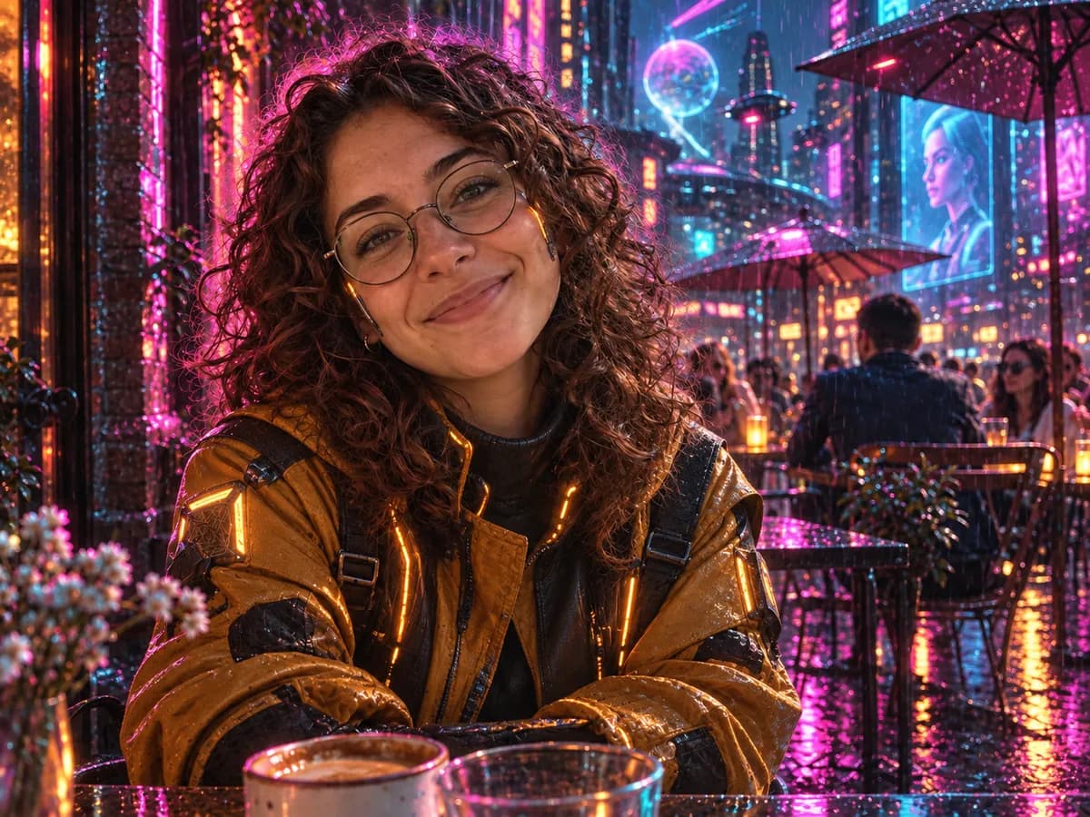 After: Woman at a cafe turned into Cyberpunk City style