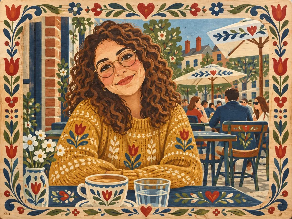 After: Woman at a cafe turned into Nordic Folk Art style