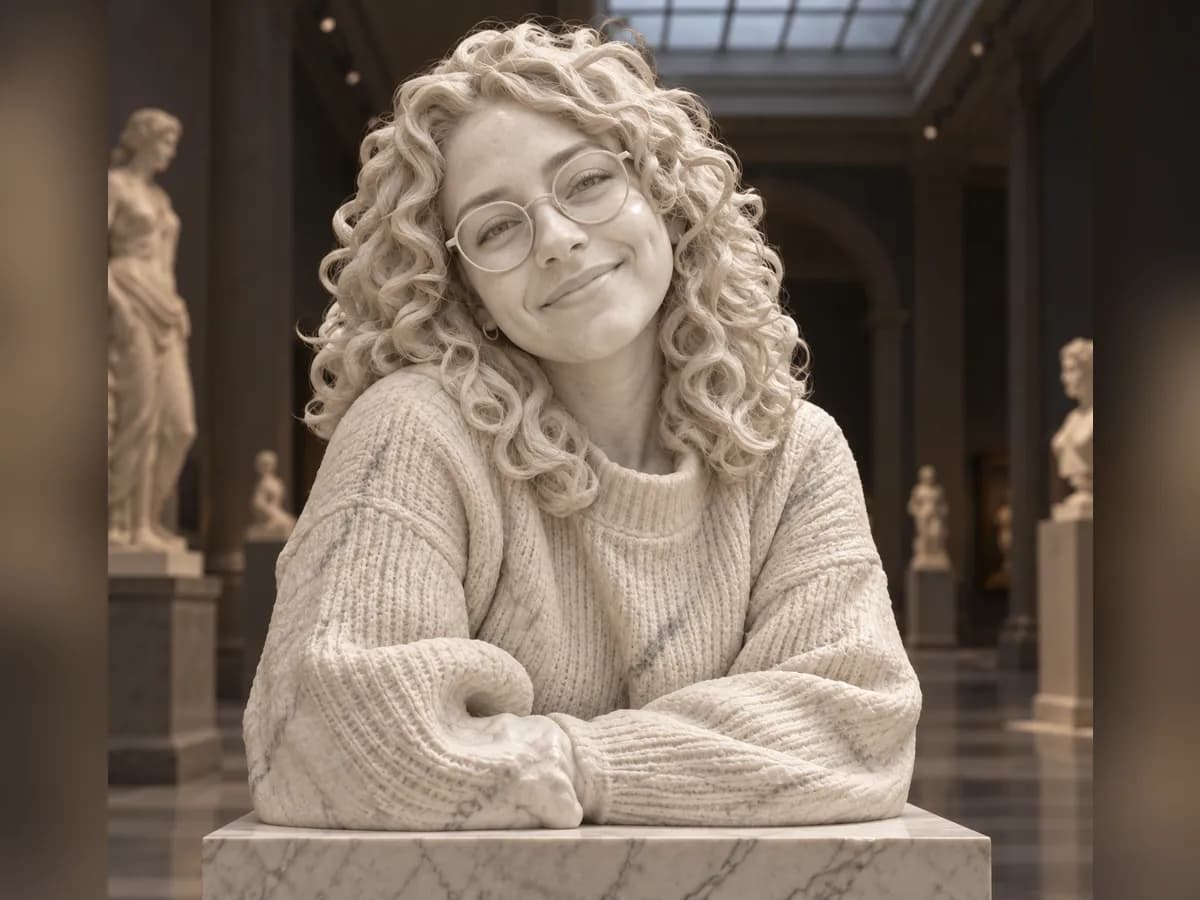 After: Woman at a cafe turned into Marble Statue style