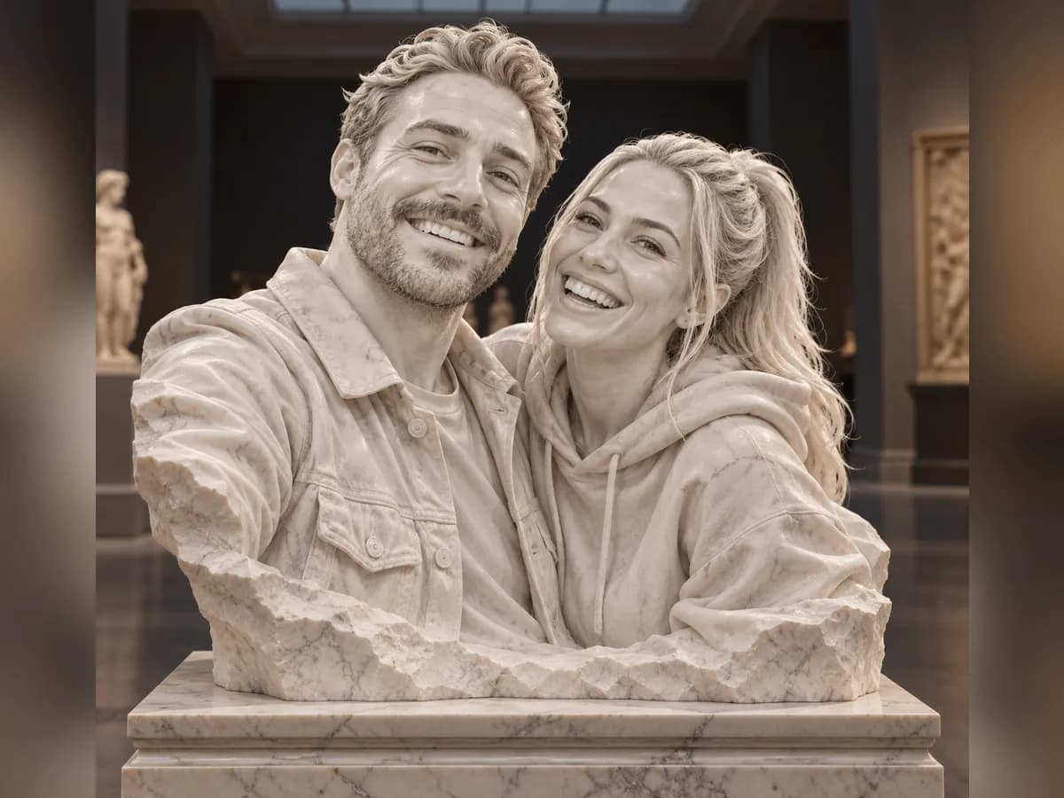 After: Couple laughing on a beach boardwalk in Marble Statue style