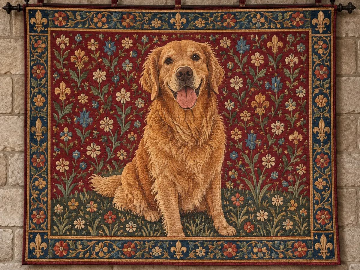 After: Golden retriever in a park in Medieval Tapestry style