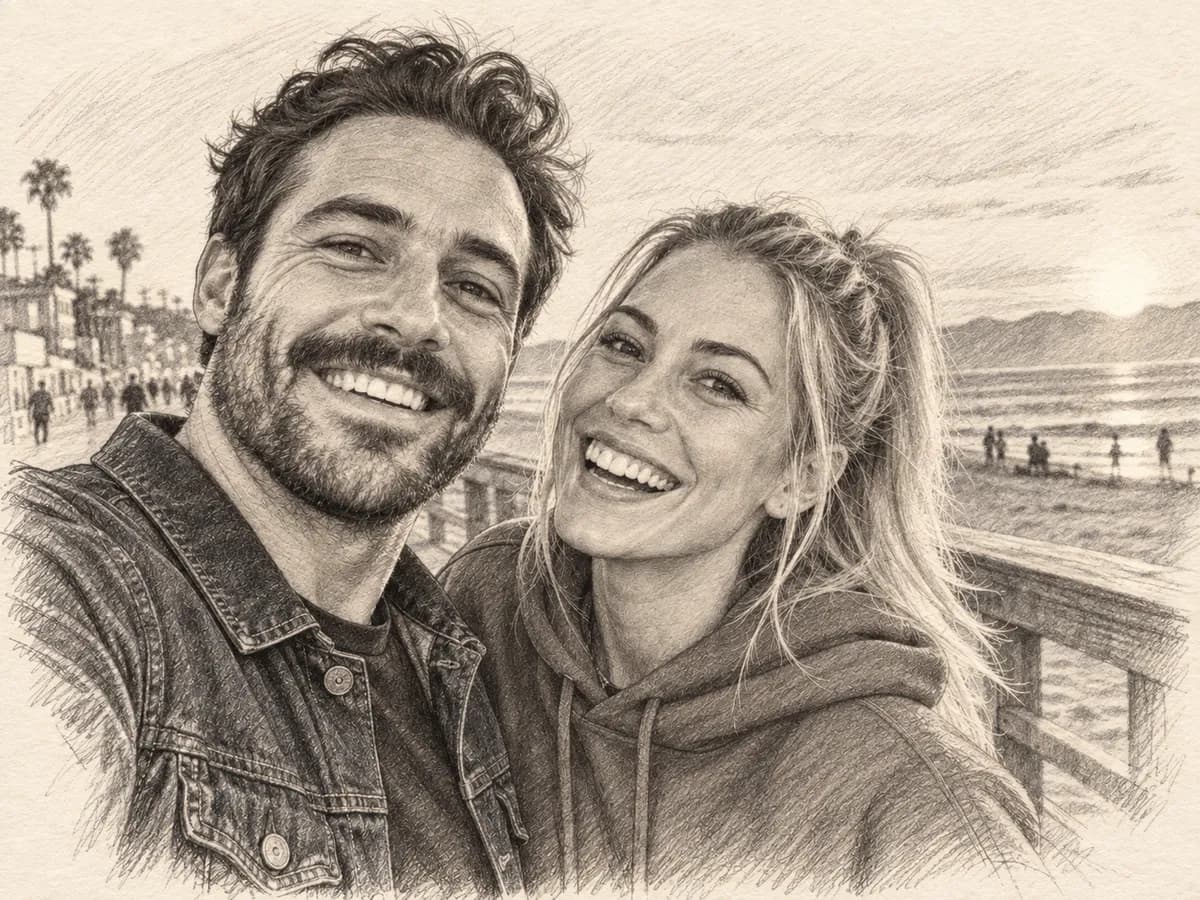 After: Couple laughing on a beach boardwalk in Pencil Sketch style