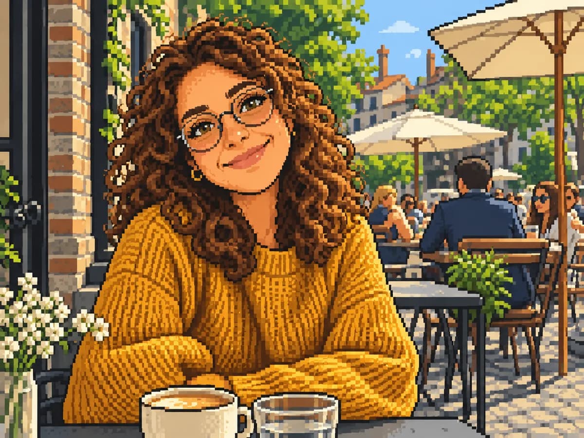 After: Woman at a cafe turned into Pixel Art (16-bit) style