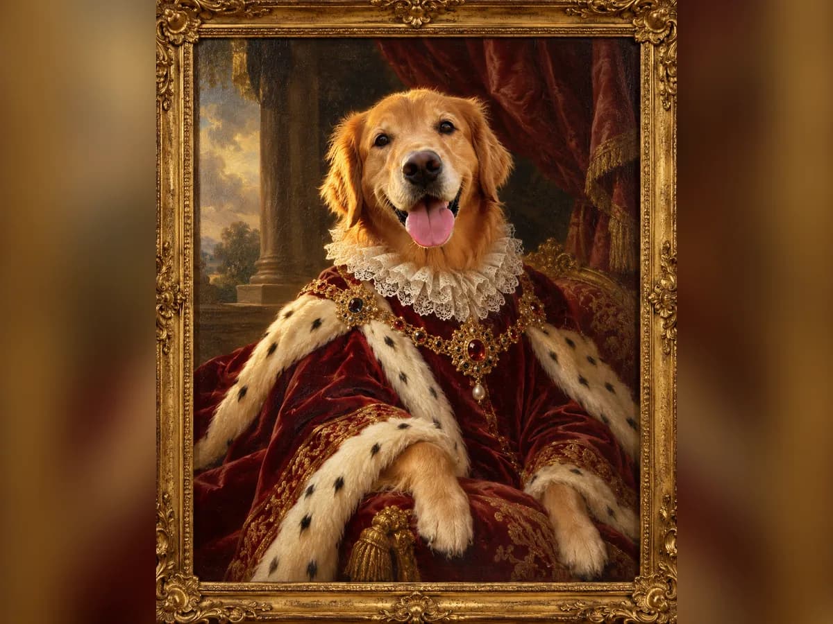 After: Golden retriever in a park in Royal Renaissance Portrait style