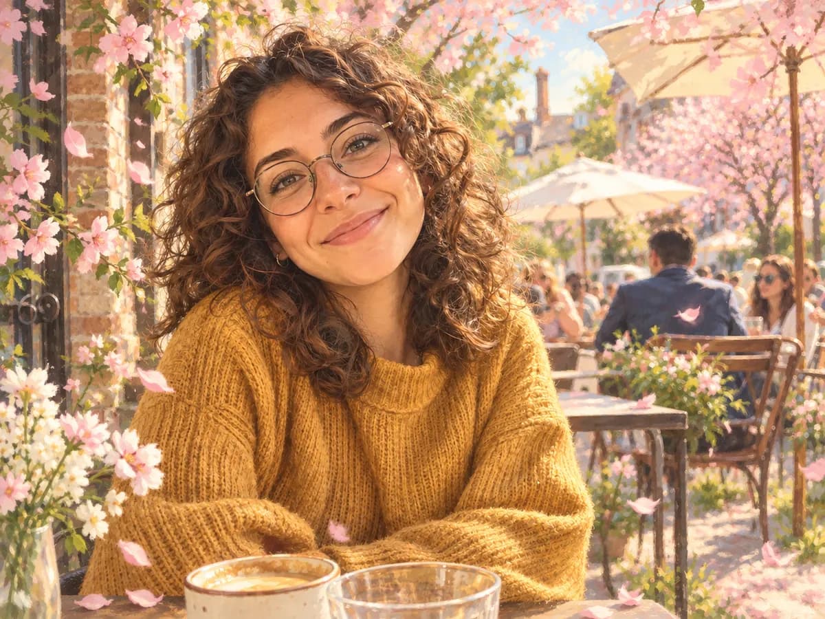 After: Woman at a cafe turned into Spring Blossom style
