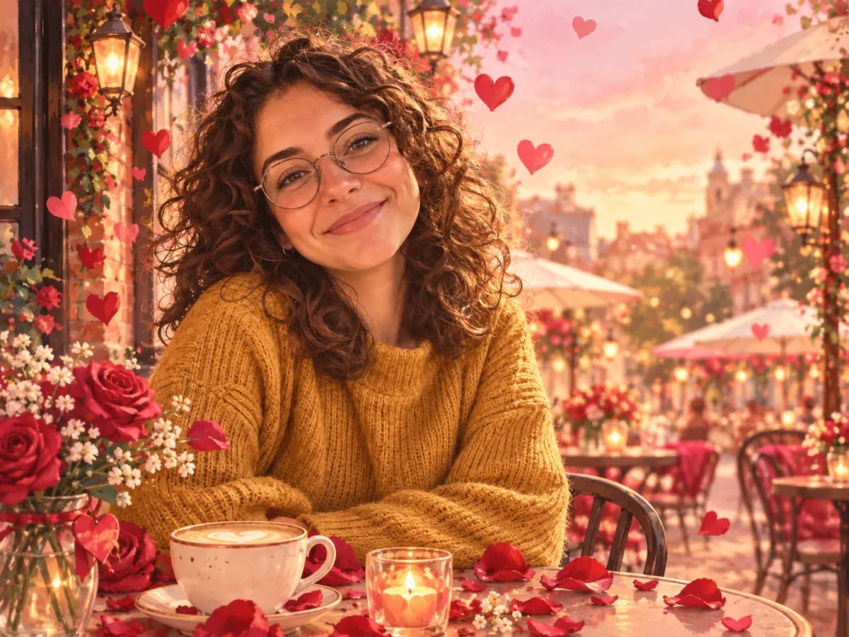 After: Woman at a cafe turned into Valentine Love style