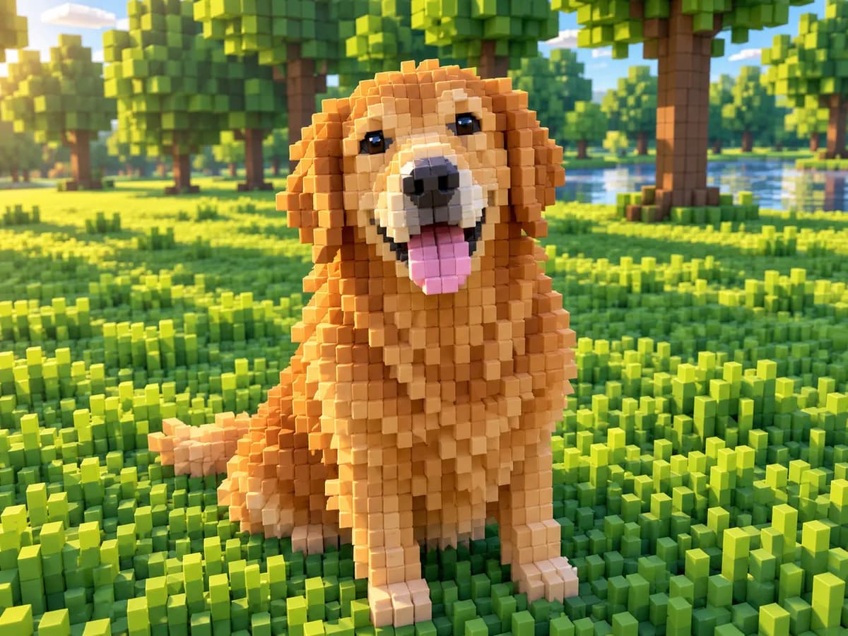 After: Golden retriever in a park in Voxel Block Art style