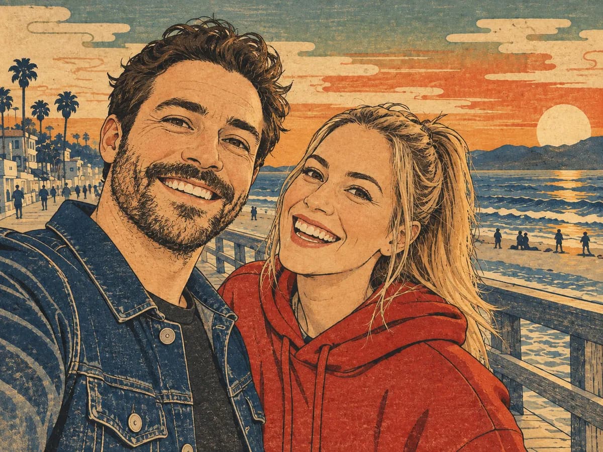 After: Couple laughing on a beach boardwalk in Woodblock Print style