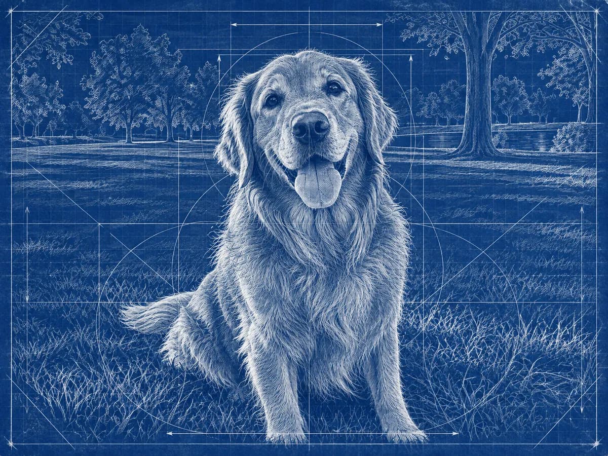 After: Golden retriever in a park in Blueprint Drawing style