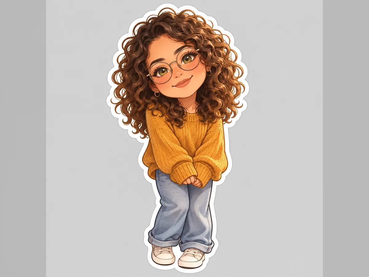 After: Woman at a cafe turned into Chibi Sticker style