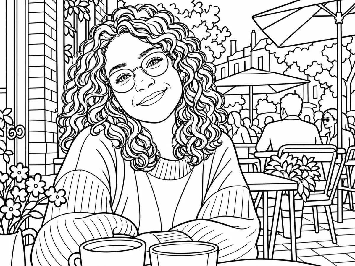 After: Woman at a cafe turned into Coloring Book Page style