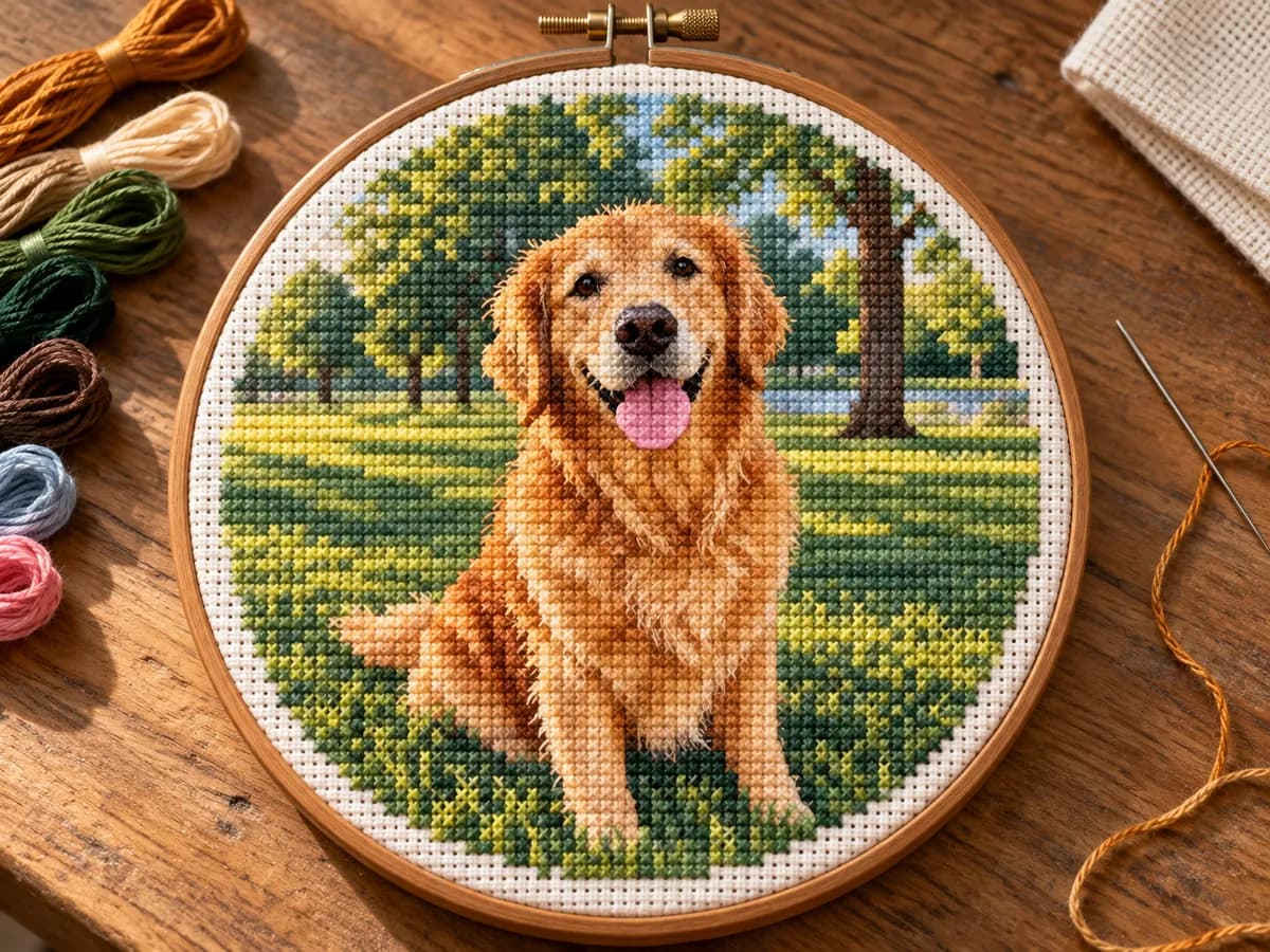 After: Golden retriever in a park in Cross-Stitch style