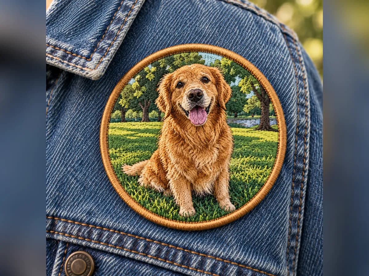 After: Golden retriever in a park in Embroidered Patch style