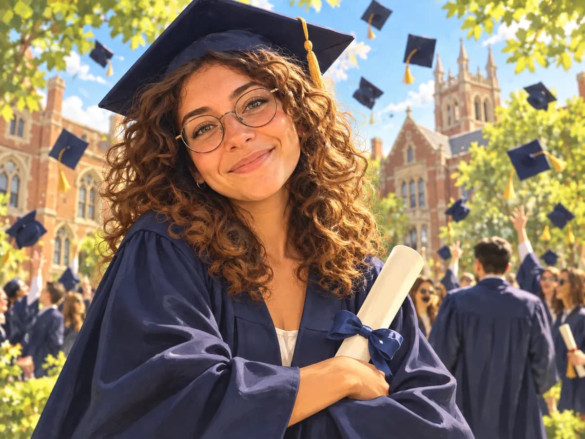 After: Woman at a cafe turned into Graduation Day style