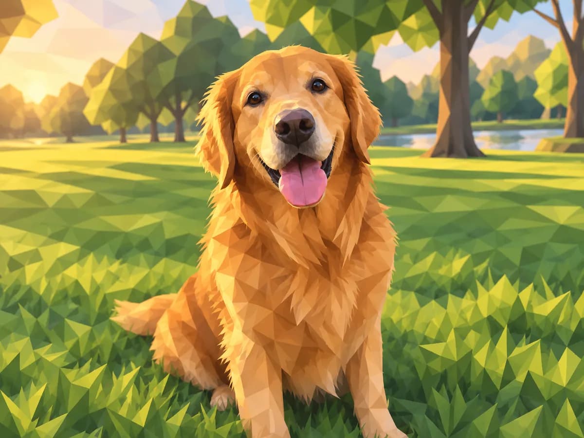 After: Golden retriever in a park in Low-Poly 3D style