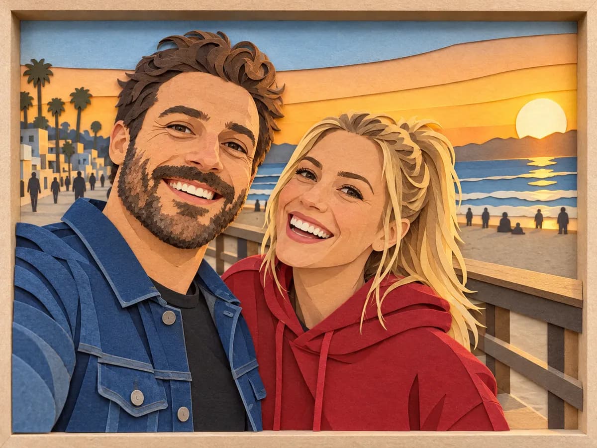 After: Couple laughing on a beach boardwalk in Paper Cut-Out style
