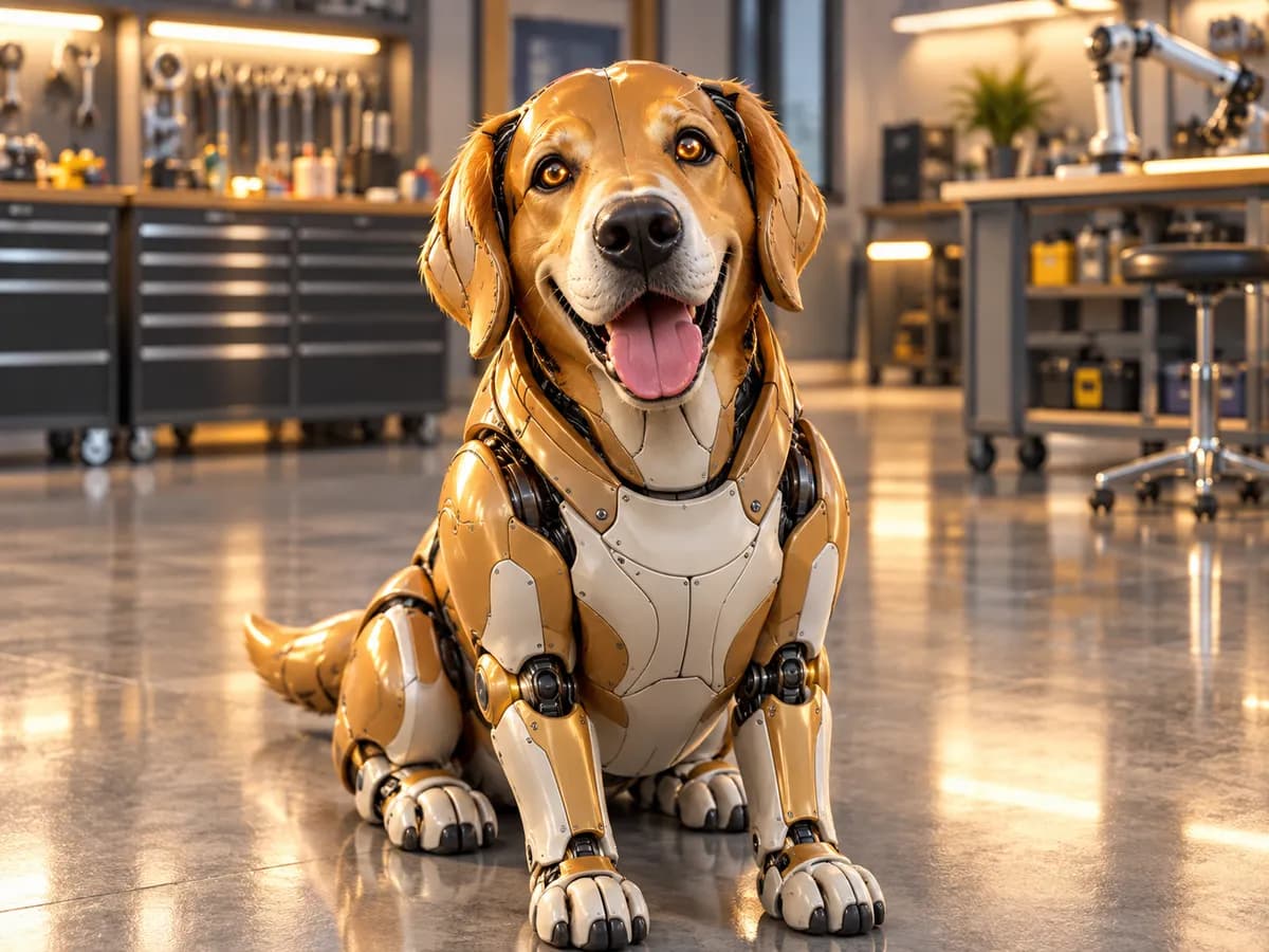 After: Golden retriever in a park in Robot Version style