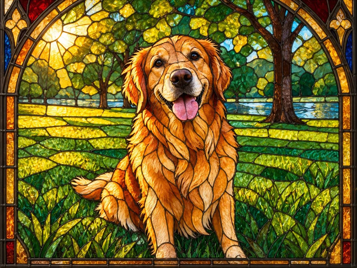 After: Golden retriever in a park in Stained Glass Window style