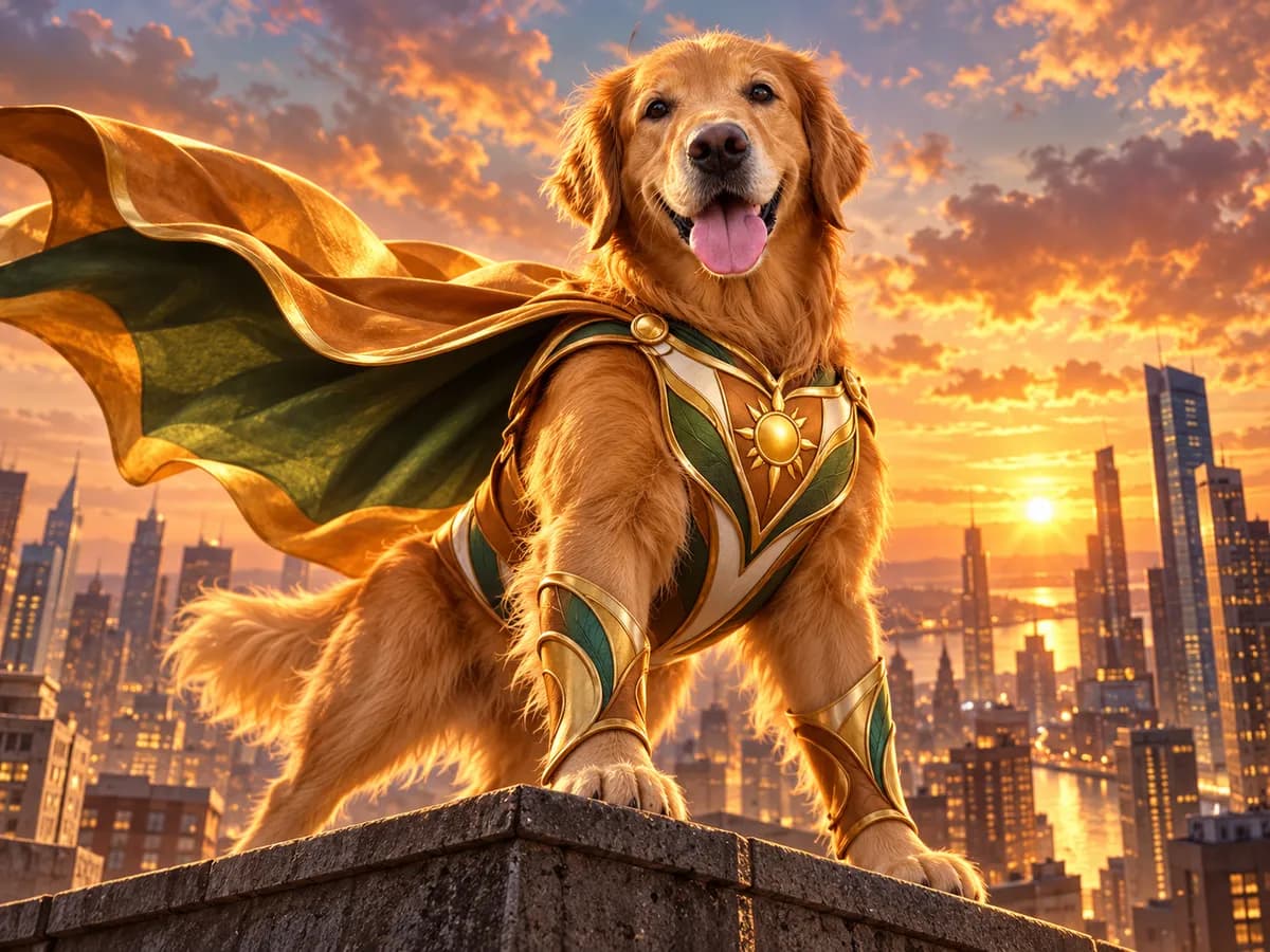 After: Golden retriever in a park in Superhero Version style