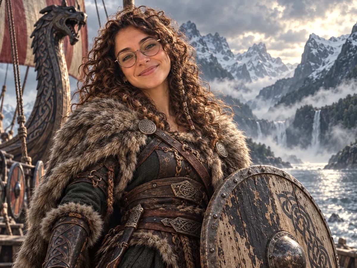 After: Woman at a cafe turned into Viking Warrior style