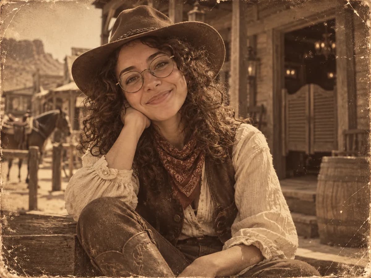After: Woman at a cafe turned into Wild West Portrait style